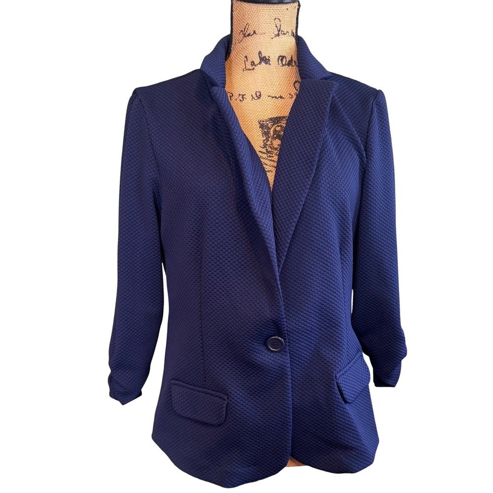Alex & Olivia Womens Textured One Button Office Work Business Blazer Navy Large